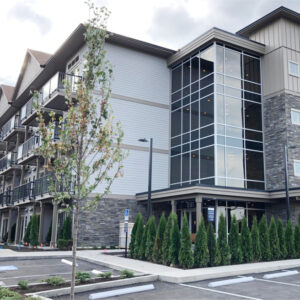 Apartment building entrance and parking