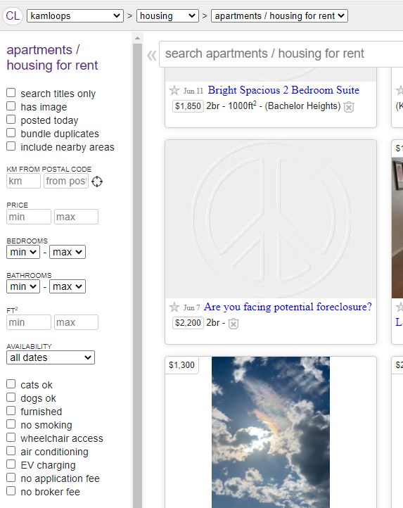 Searching Craigslist for apartments in Kamloops, BC