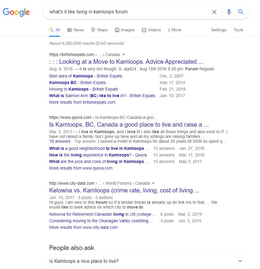 Google search results for "What's it like livingin Kamloops" forum