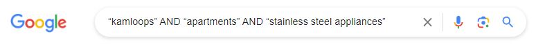Screenshot of Google search for “kamloops” AND “apartments” AND “stainless steel appliances”