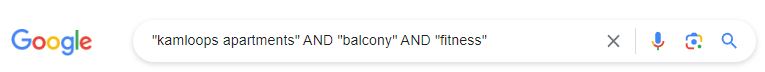 Screenshot of Google search for "kamloops apartments” AND “balcony” AND “fitness” 