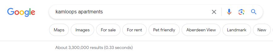 Screenshot of Google search for "Kamloops apartments"